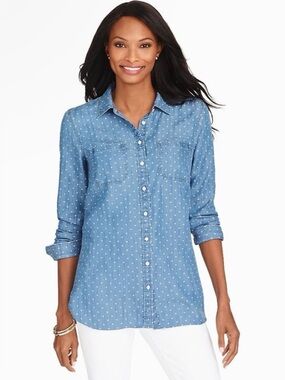 Talbots Heart Print Lyocell Chambray Button Front Shirt Petite 3X Softgirl